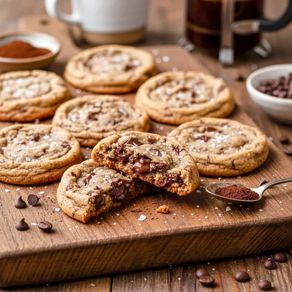 Homemade Coffee And Cookie Recipes featuring espresso chocolate chip cookies with crisp edges, chewy centers, and melty chocolate chunks, inspired by classic Coffee Shop Cookies for coffee lovers.