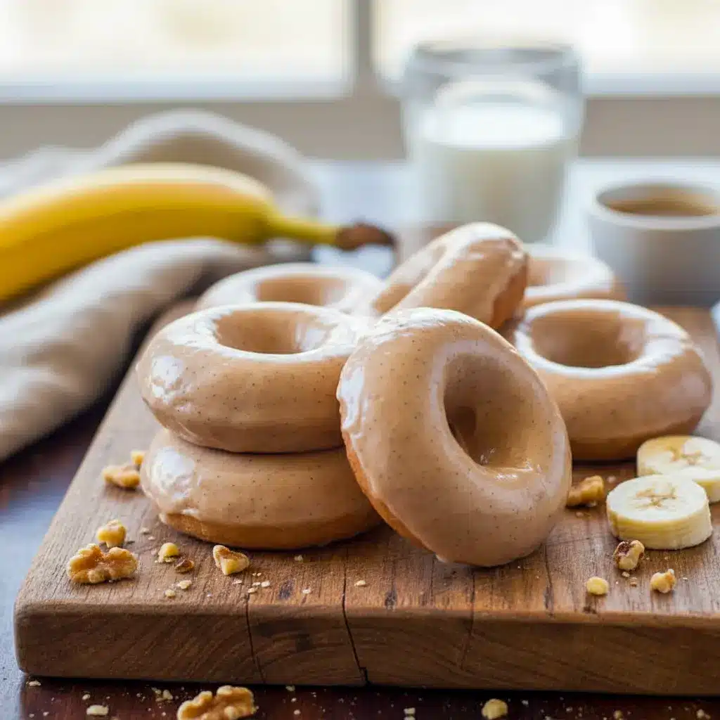 Freshly baked Banana Donuts Baked Healthy displayed on a cooling rack, showing golden edges and soft centers. These donuts double as Low Calorie Doughnut Recipes fans will adore and can easily be turned into Healthy Banana Donut Holes for snacking. Perfect for anyone searching for a Low Calorie Banana Muffin Recipe that feels indulgent without the guilt.