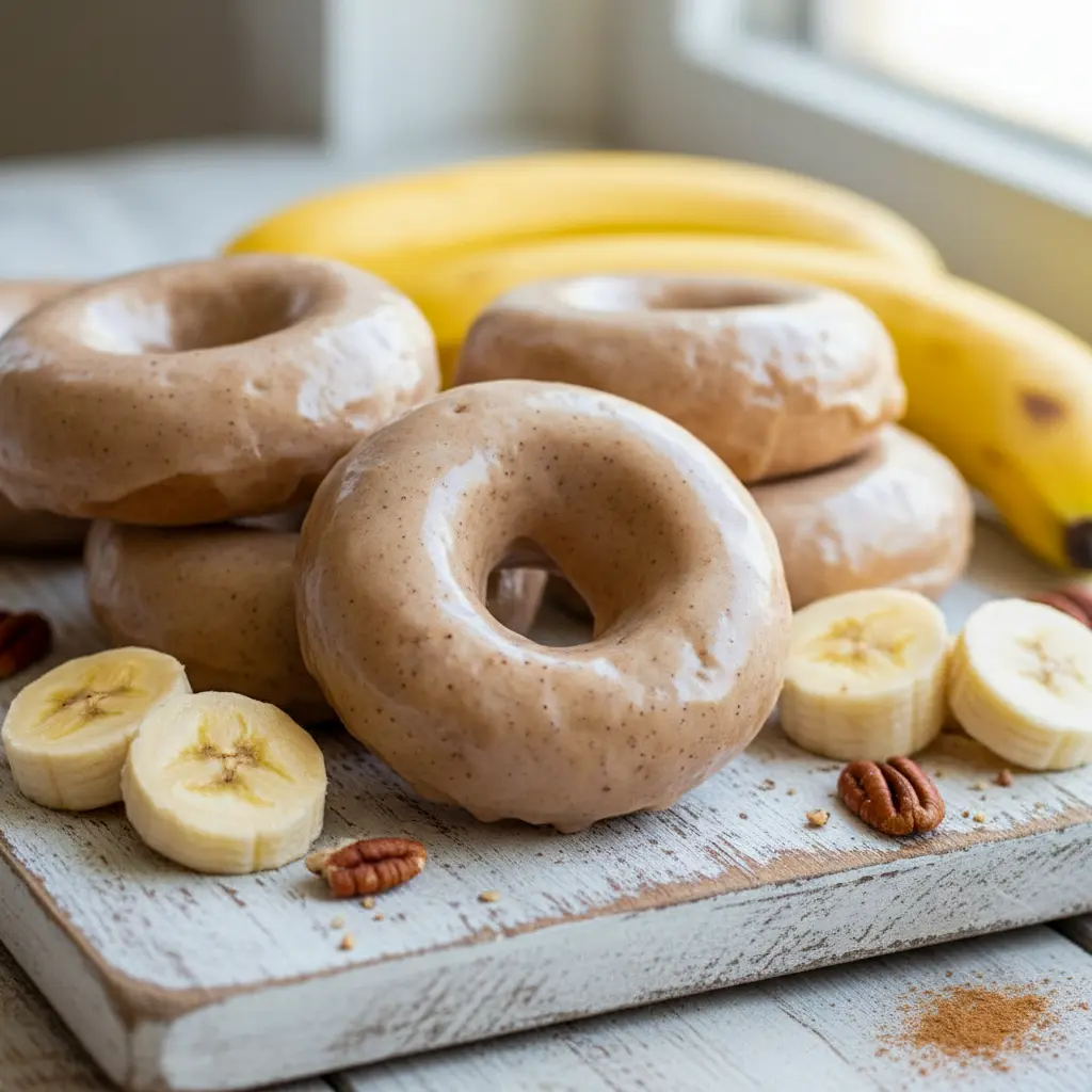 Freshly baked Banana Donuts Baked Healthy displayed on a cooling rack, showing golden edges and soft centers. These donuts double as Low Calorie Doughnut Recipes fans will adore and can easily be turned into Healthy Banana Donut Holes for snacking. Perfect for anyone searching for a Low Calorie Banana Muffin Recipe that feels indulgent without the guilt.