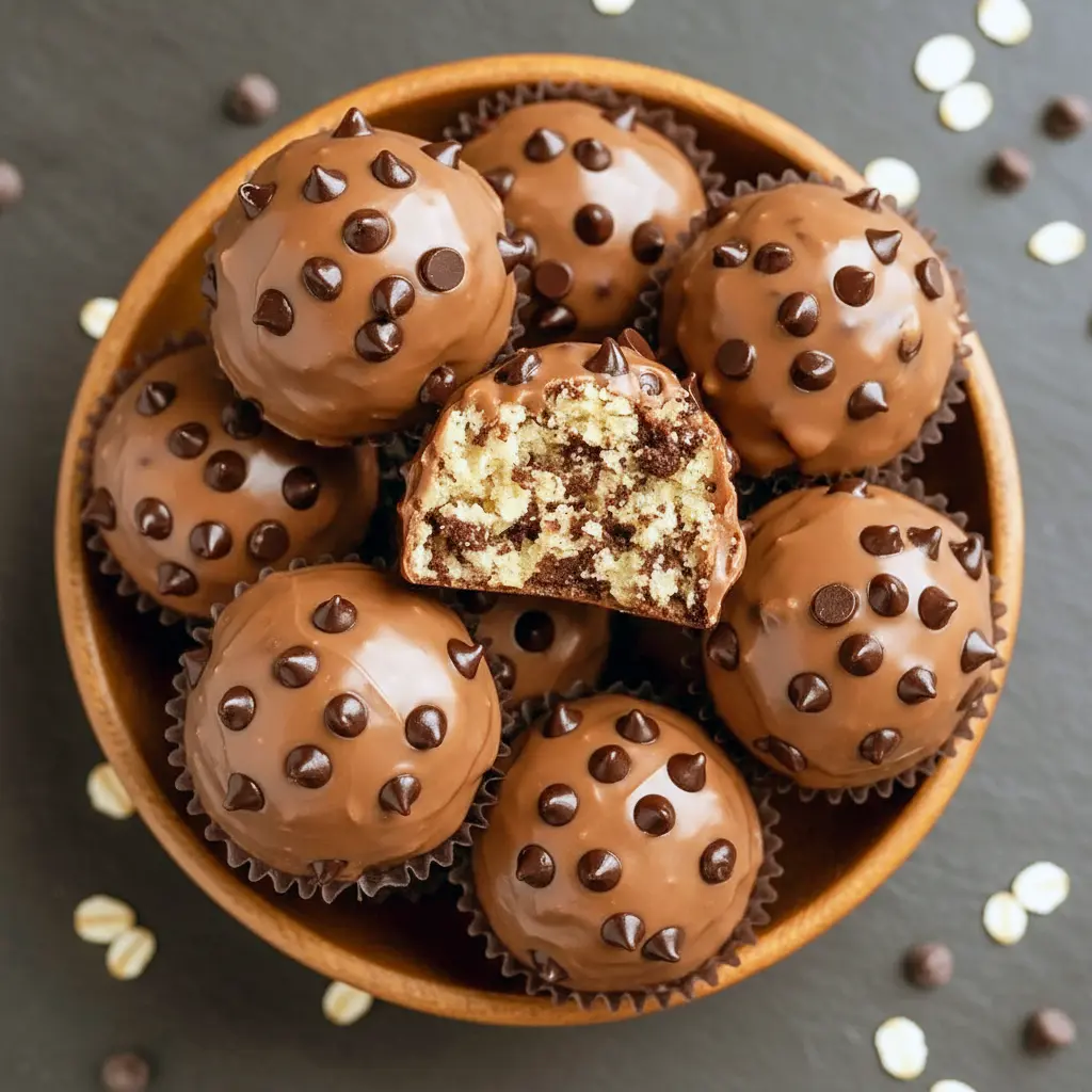 Chocolate Chip Cookie Protein Balls stacked on parchment paper, coated in smooth chocolate with mini chocolate chips on top, showcasing an easy no-bake Cookie Dough Protein Balls Recipe perfect for healthy snacking.