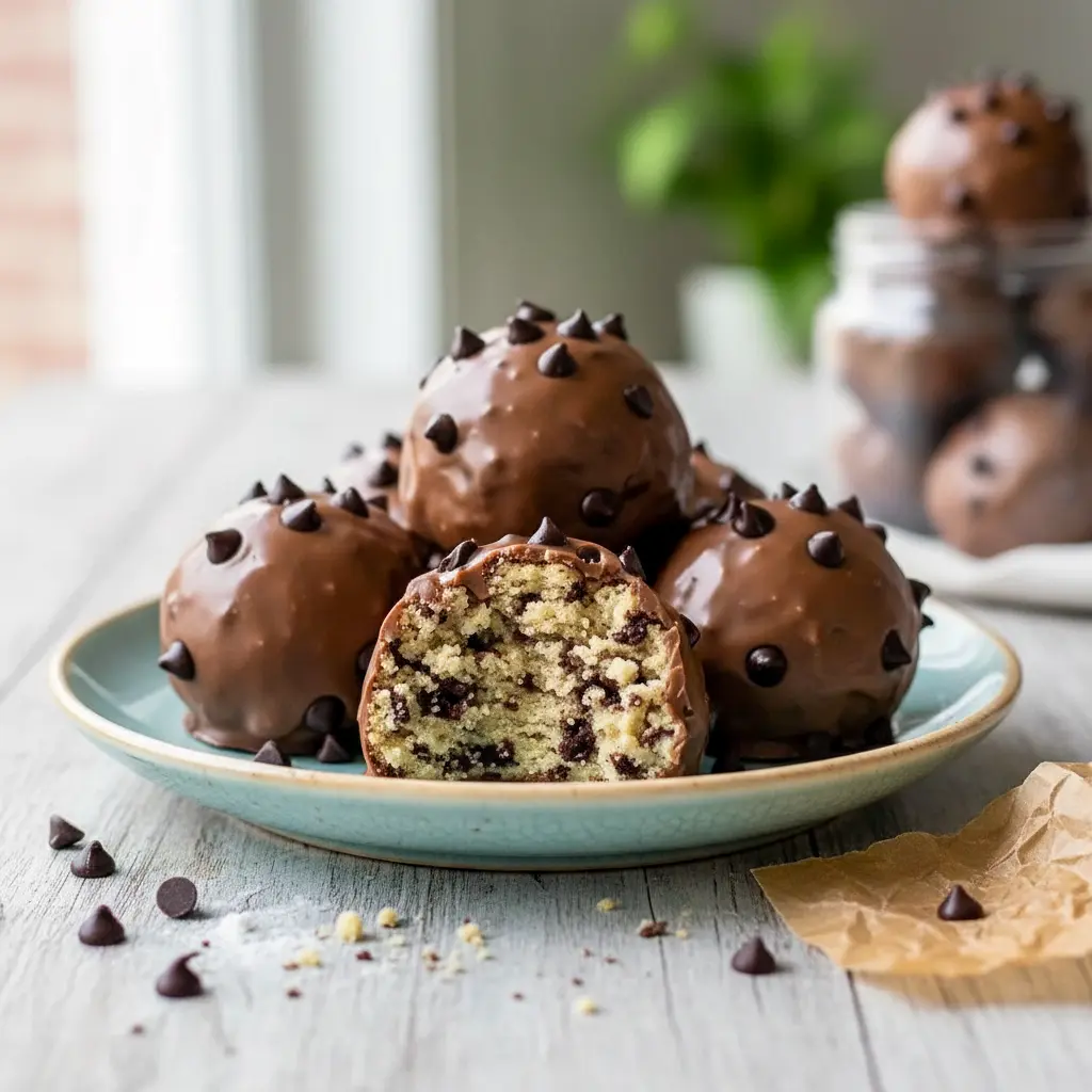 Chocolate Chip Cookie Protein Balls stacked on parchment paper, coated in smooth chocolate with mini chocolate chips on top, showcasing an easy no-bake Cookie Dough Protein Balls Recipe perfect for healthy snacking.