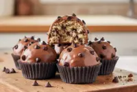 Irresistible Chocolate Chip Cookie Protein Balls Everyone Craves3 Chocolate Chip Cookie Protein Balls stacked on parchment paper, coated in smooth chocolate with mini chocolate chips on top, showcasing an easy no-bake Cookie Dough Protein Balls Recipe perfect for healthy snacking.