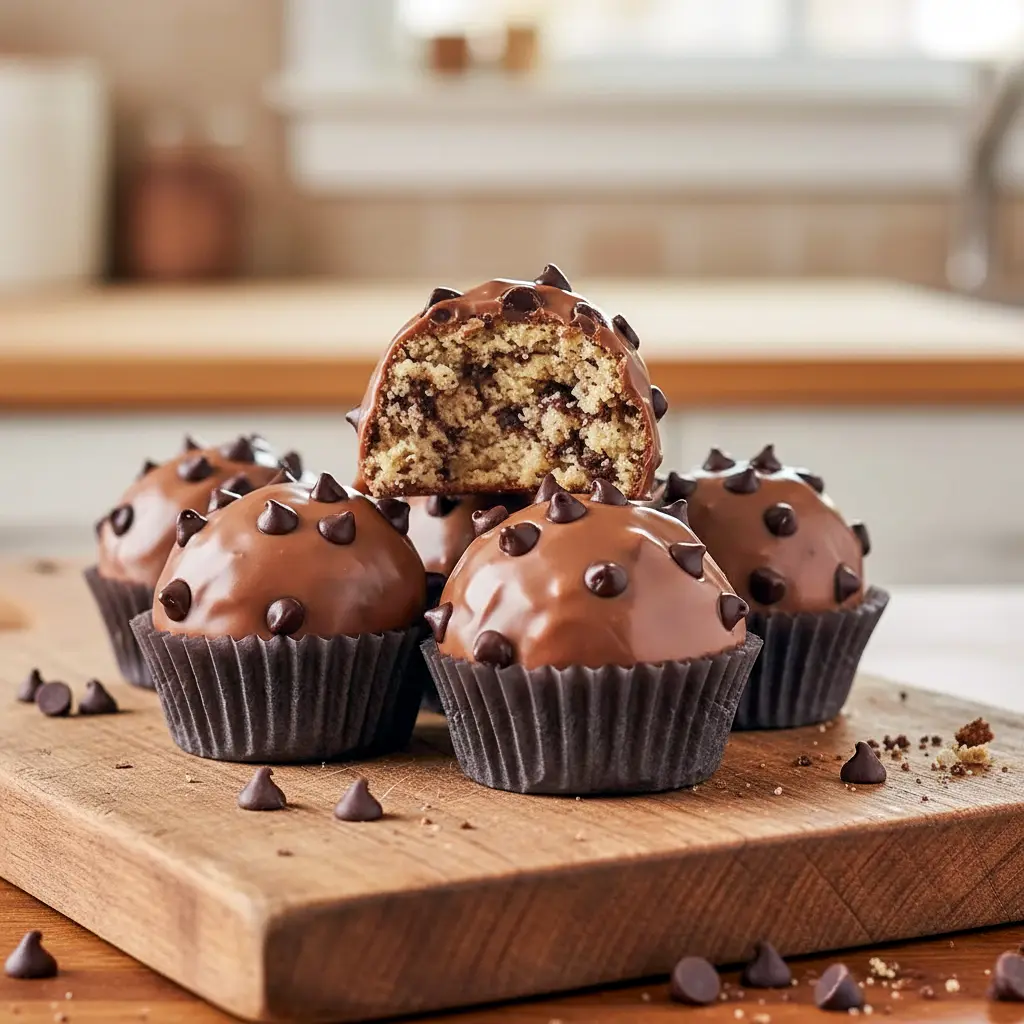 Chocolate Chip Cookie Protein Balls stacked on parchment paper, coated in smooth chocolate with mini chocolate chips on top, showcasing an easy no-bake Cookie Dough Protein Balls Recipe perfect for healthy snacking.