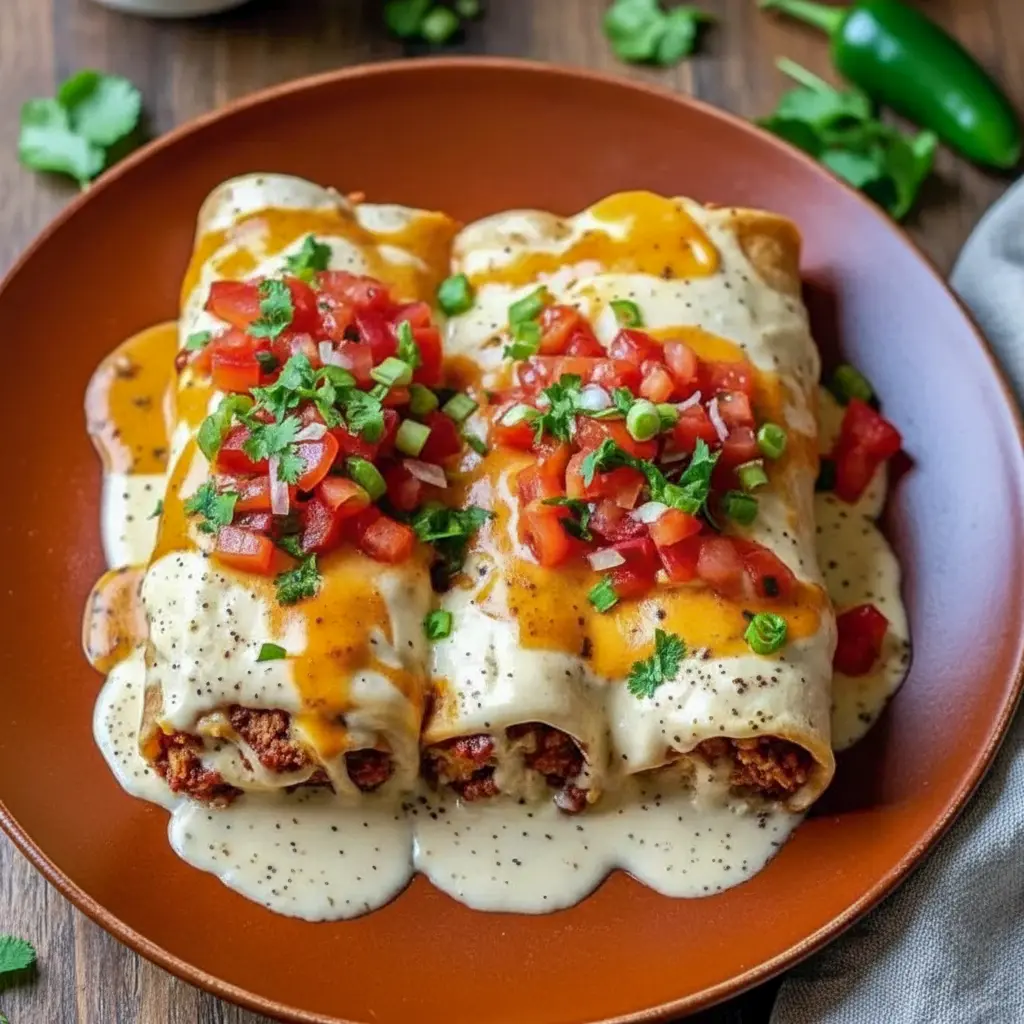 A baking dish filled with cheesy chicken enchiladas covered in creamy sauce, topped with melted cheese and sliced jalapeños, fresh from the oven and ready to serve.