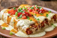 A baking dish filled with cheesy chicken enchiladas covered in creamy sauce, topped with melted cheese and sliced jalapeños, fresh from the oven and ready to serve.