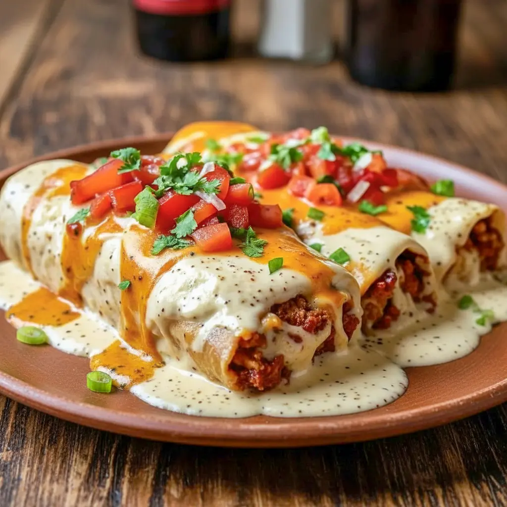A baking dish filled with cheesy chicken enchiladas covered in creamy sauce, topped with melted cheese and sliced jalapeños, fresh from the oven and ready to serve.