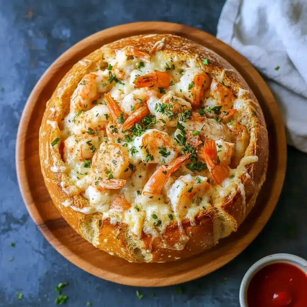 Creamy seafood soup loaded with shrimp served inside a crispy bread bowl, garnished with herbs and ready for a comforting homemade dinner.