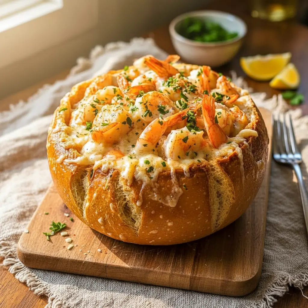 Creamy seafood soup loaded with shrimp served inside a crispy bread bowl, garnished with herbs and ready for a comforting homemade dinner.