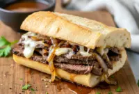 Golden steak sandwich on a baguette with melted Havarti and caramelized onions, perfect for Recipes To Last All Week and creative Cooked Sandwich Ideas, ideal for fans of Dinner Recipes With Sirloin Steak looking for truly satisfying Best Dinner Sandwiches.