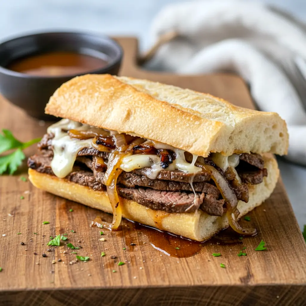 Golden steak sandwich on a baguette with melted Havarti and caramelized onions, perfect for Recipes To Last All Week and creative Cooked Sandwich Ideas, ideal for fans of Dinner Recipes With Sirloin Steak looking for truly satisfying Best Dinner Sandwiches.