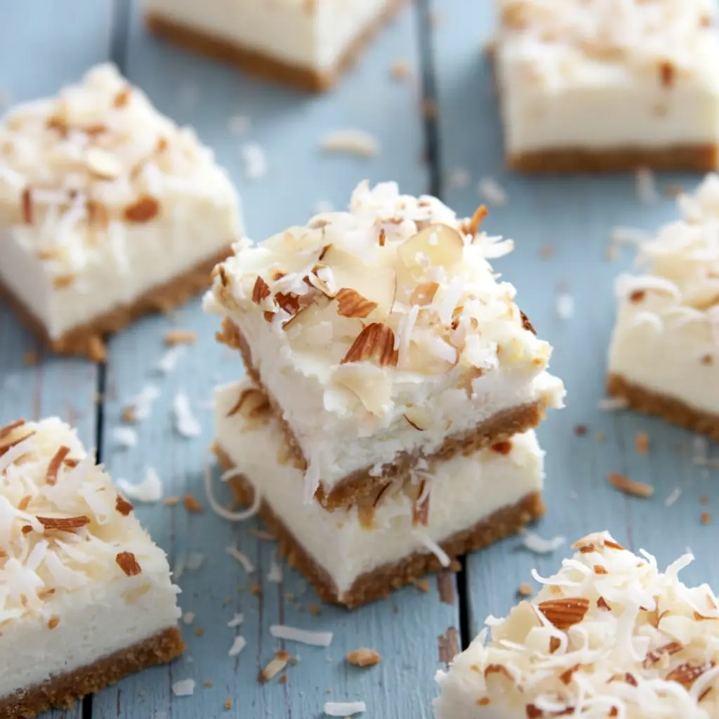 Creamy Coconut Cheesecake Bars topped with toasted coconut and almonds, a delicious Low Calorie Coconut Dessert perfect for healthy snacking or light dessert cravings.