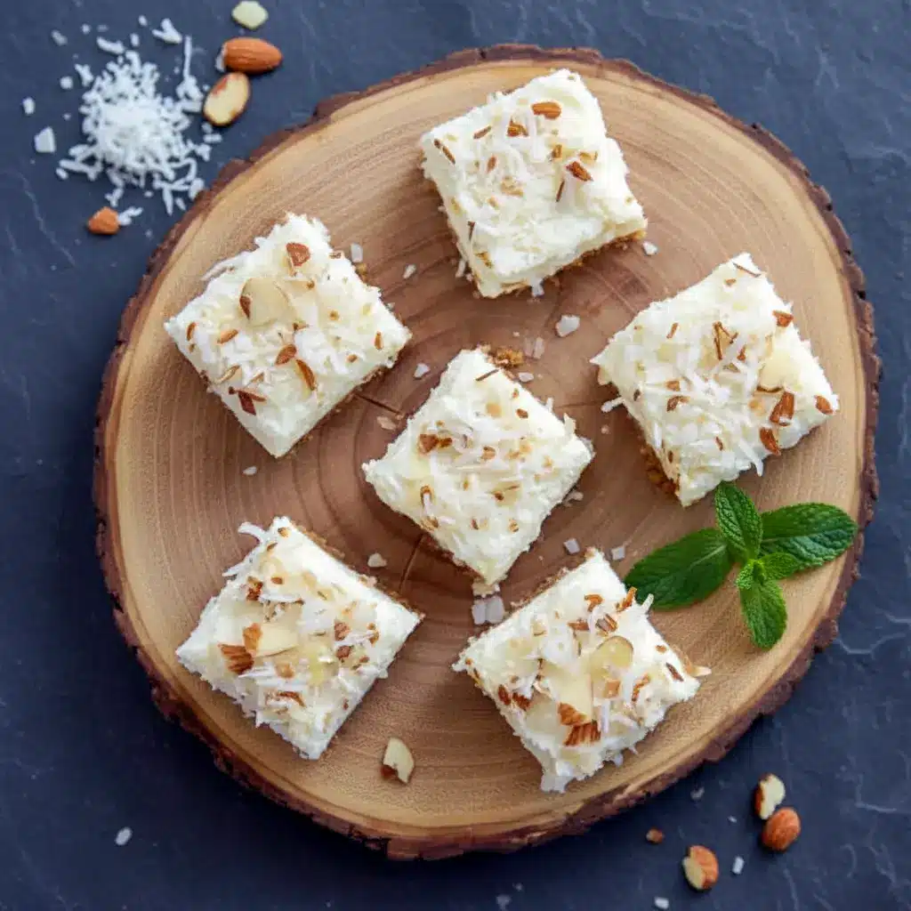 Creamy Coconut Cheesecake Bars topped with toasted coconut and almonds, a delicious Low Calorie Coconut Dessert perfect for healthy snacking or light dessert cravings.