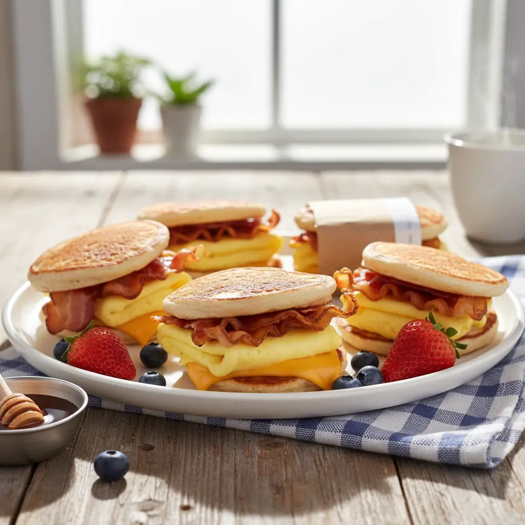 Stack of homemade protein pancake McGriddles filled with folded eggs on a plate, showing a macro-friendly, high-protein breakfast sandwich ready to eat.