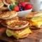 Stack of homemade protein pancake McGriddles filled with folded eggs on a plate, showing a macro-friendly, high-protein breakfast sandwich ready to eat.