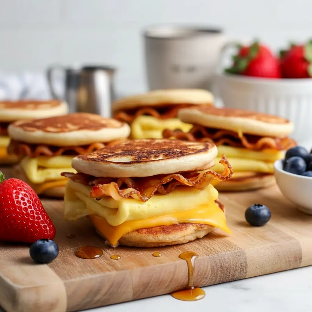 Stack of homemade protein pancake McGriddles filled with folded eggs on a plate, showing a macro-friendly, high-protein breakfast sandwich ready to eat.