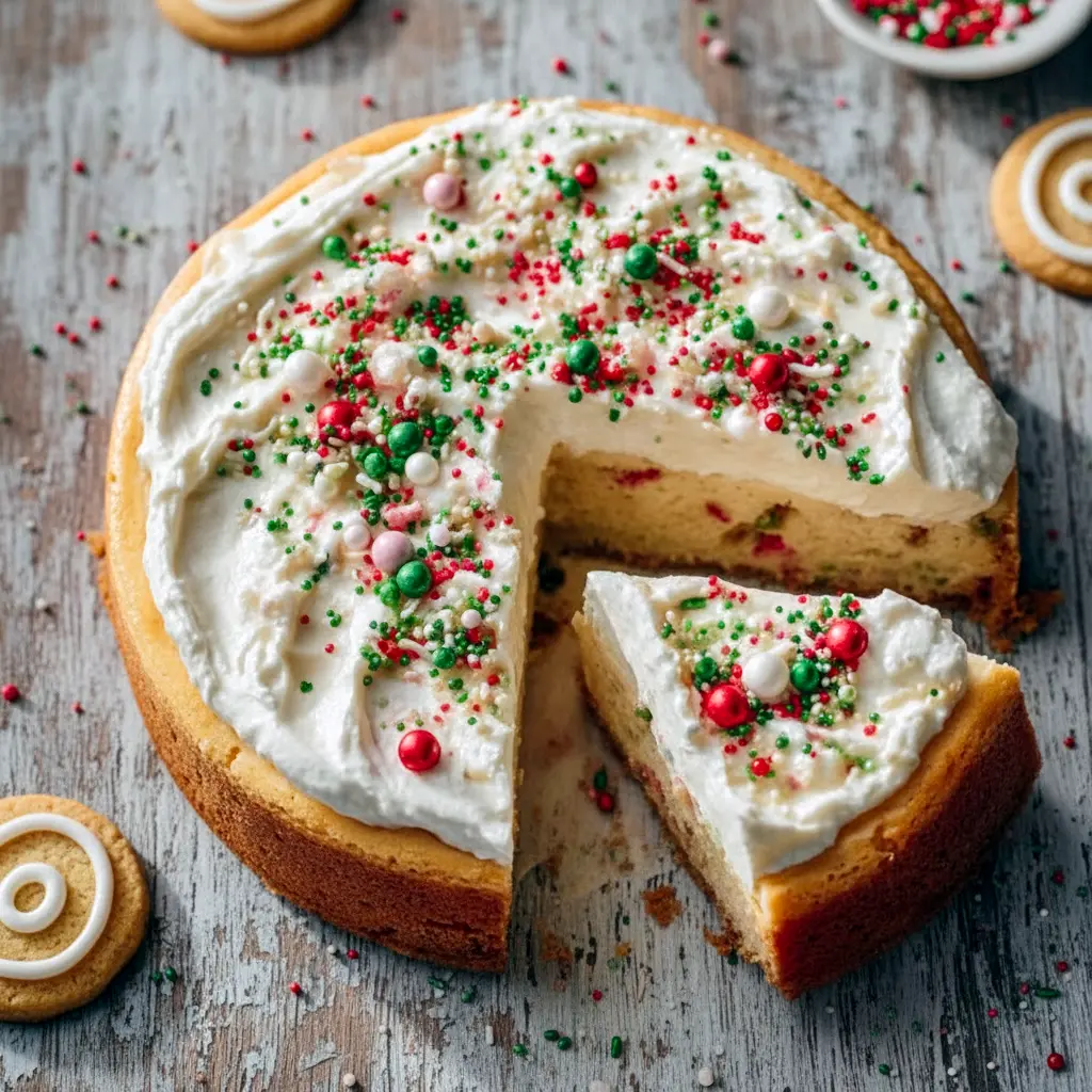 A festive Sugar Cookie Cheesecake topped with colorful sprinkles and white chocolate ganache, styled for the holidays—perfect for Christmas Baking Recipes, joyful Baking Sweets, and eye-catching Baked Dessert Recipes that wow at every celebration.
