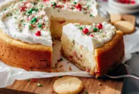 A festive Sugar Cookie Cheesecake topped with colorful sprinkles and white chocolate ganache, styled for the holidays—perfect for Christmas Baking Recipes, joyful Baking Sweets, and eye-catching Baked Dessert Recipes that wow at every celebration.