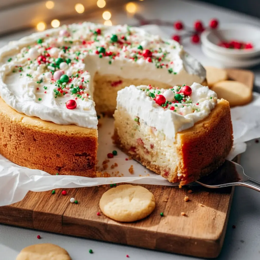 A festive Sugar Cookie Cheesecake topped with colorful sprinkles and white chocolate ganache, styled for the holidays—perfect for Christmas Baking Recipes, joyful Baking Sweets, and eye-catching Baked Dessert Recipes that wow at every celebration.
