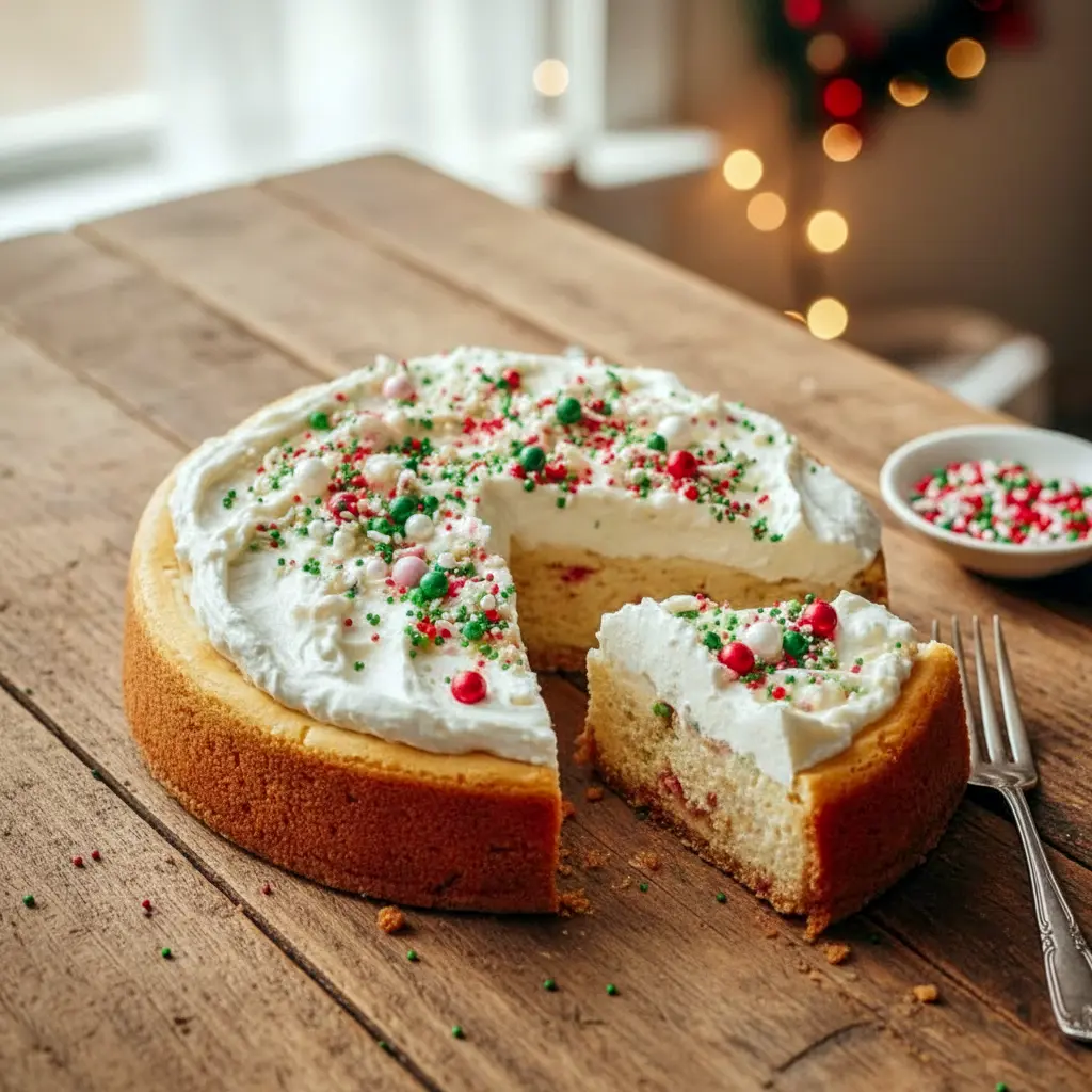 A festive Sugar Cookie Cheesecake topped with colorful sprinkles and white chocolate ganache, styled for the holidays—perfect for Christmas Baking Recipes, joyful Baking Sweets, and eye-catching Baked Dessert Recipes that wow at every celebration.
