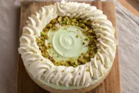 No Bake Pistachio Cheesecake That’s Crazy Creamy and Totally Irresistible1 A slice of No Bake Pistachio Cheesecake topped with whipped cream and chopped pistachios, showcasing a creamy Pistachio No Bake Cheesecake made with a rich Pistachio Cheesecake Recipe No Bake and vanilla wafer crust.