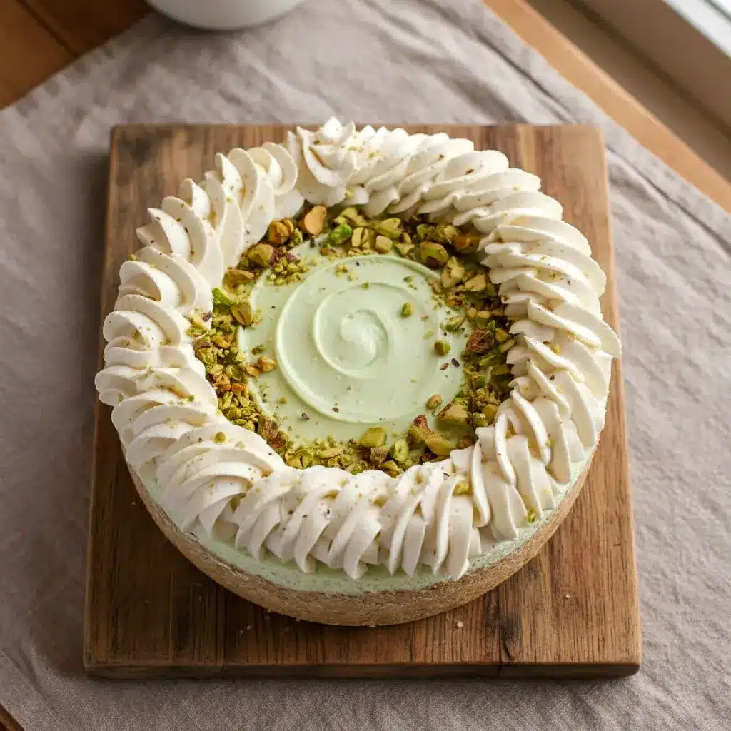 A slice of No Bake Pistachio Cheesecake topped with whipped cream and chopped pistachios, showcasing a creamy Pistachio No Bake Cheesecake made with a rich Pistachio Cheesecake Recipe No Bake and vanilla wafer crust.