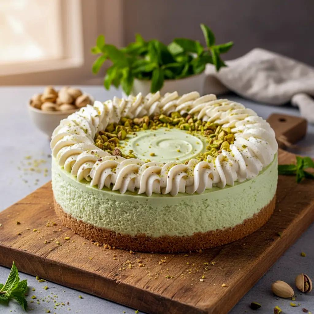 A slice of No Bake Pistachio Cheesecake topped with whipped cream and chopped pistachios, showcasing a creamy Pistachio No Bake Cheesecake made with a rich Pistachio Cheesecake Recipe No Bake and vanilla wafer crust.