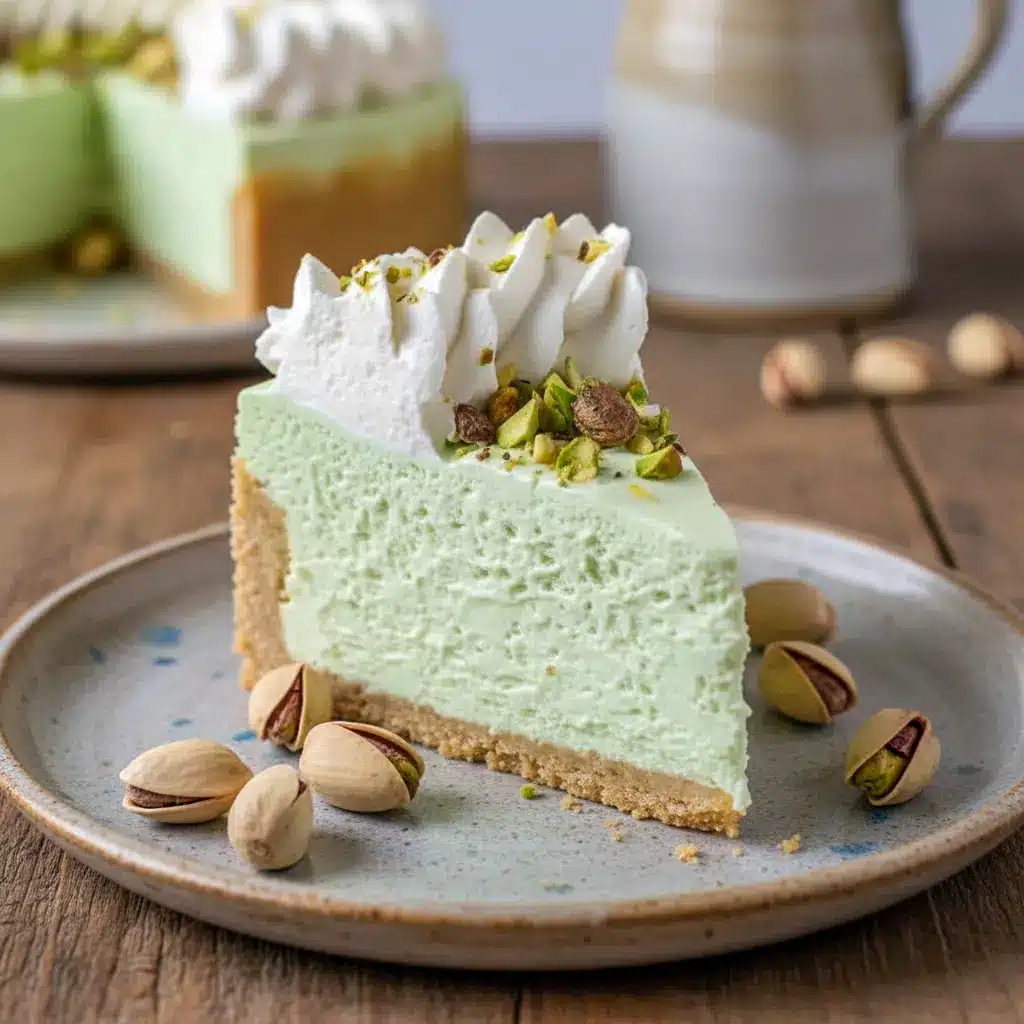 A slice of No Bake Pistachio Cheesecake topped with whipped cream and chopped pistachios, showcasing a creamy Pistachio No Bake Cheesecake made with a rich Pistachio Cheesecake Recipe No Bake and vanilla wafer crust.