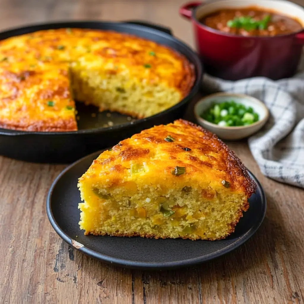 A warm skillet of Corn Bread Recipe baked to golden perfection, packed with cheese and peppers, inspired by Southern Recipes and classic Cajun Cornbread from authentic Southern Cooking traditions.