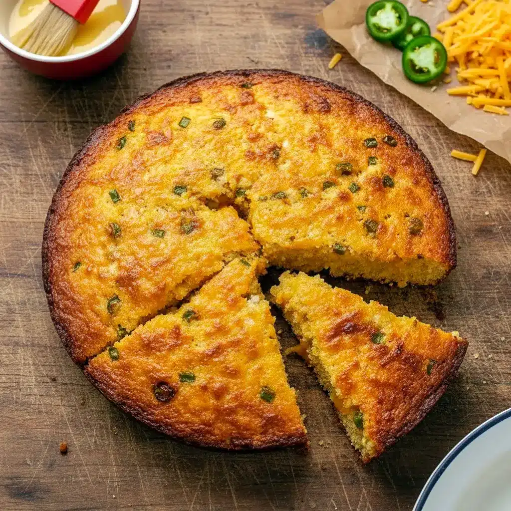 A warm skillet of Corn Bread Recipe baked to golden perfection, packed with cheese and peppers, inspired by Southern Recipes and classic Cajun Cornbread from authentic Southern Cooking traditions.