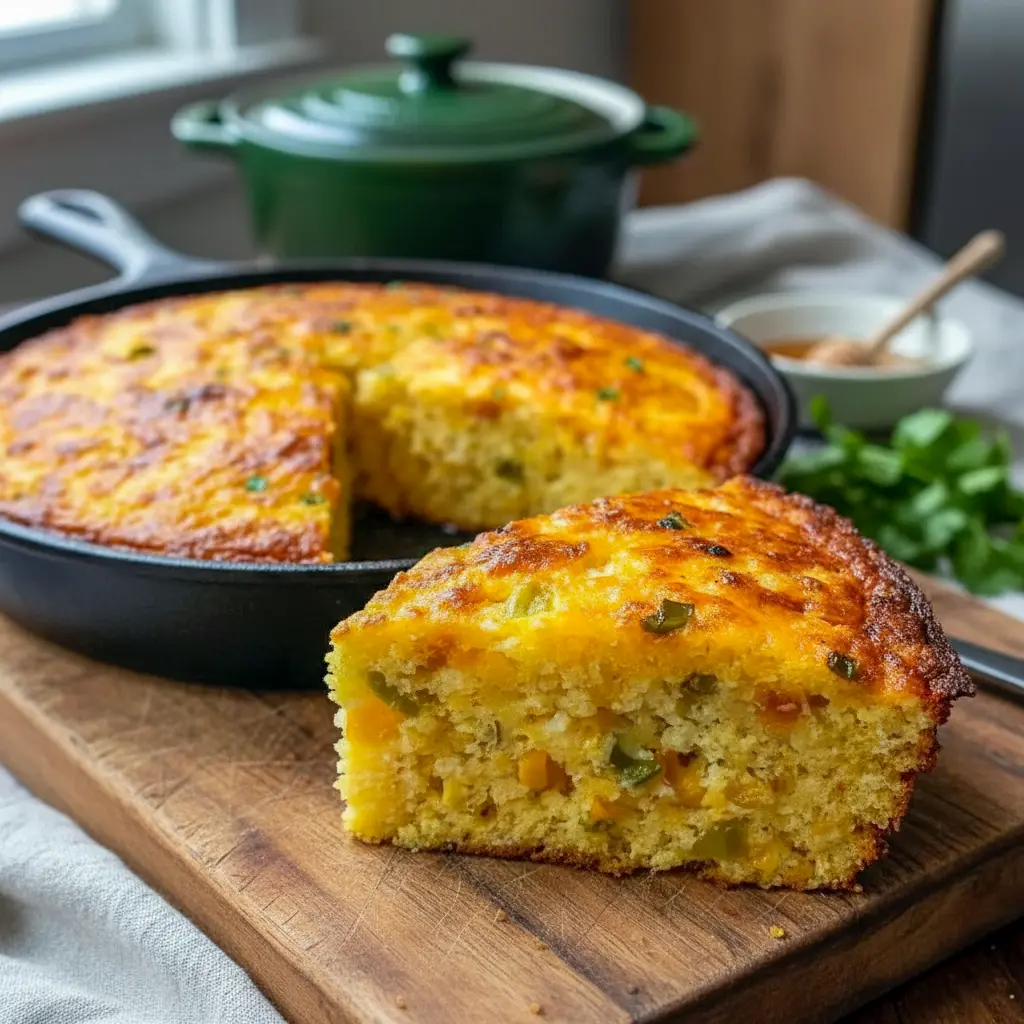 A warm skillet of Corn Bread Recipe baked to golden perfection, packed with cheese and peppers, inspired by Southern Recipes and classic Cajun Cornbread from authentic Southern Cooking traditions.