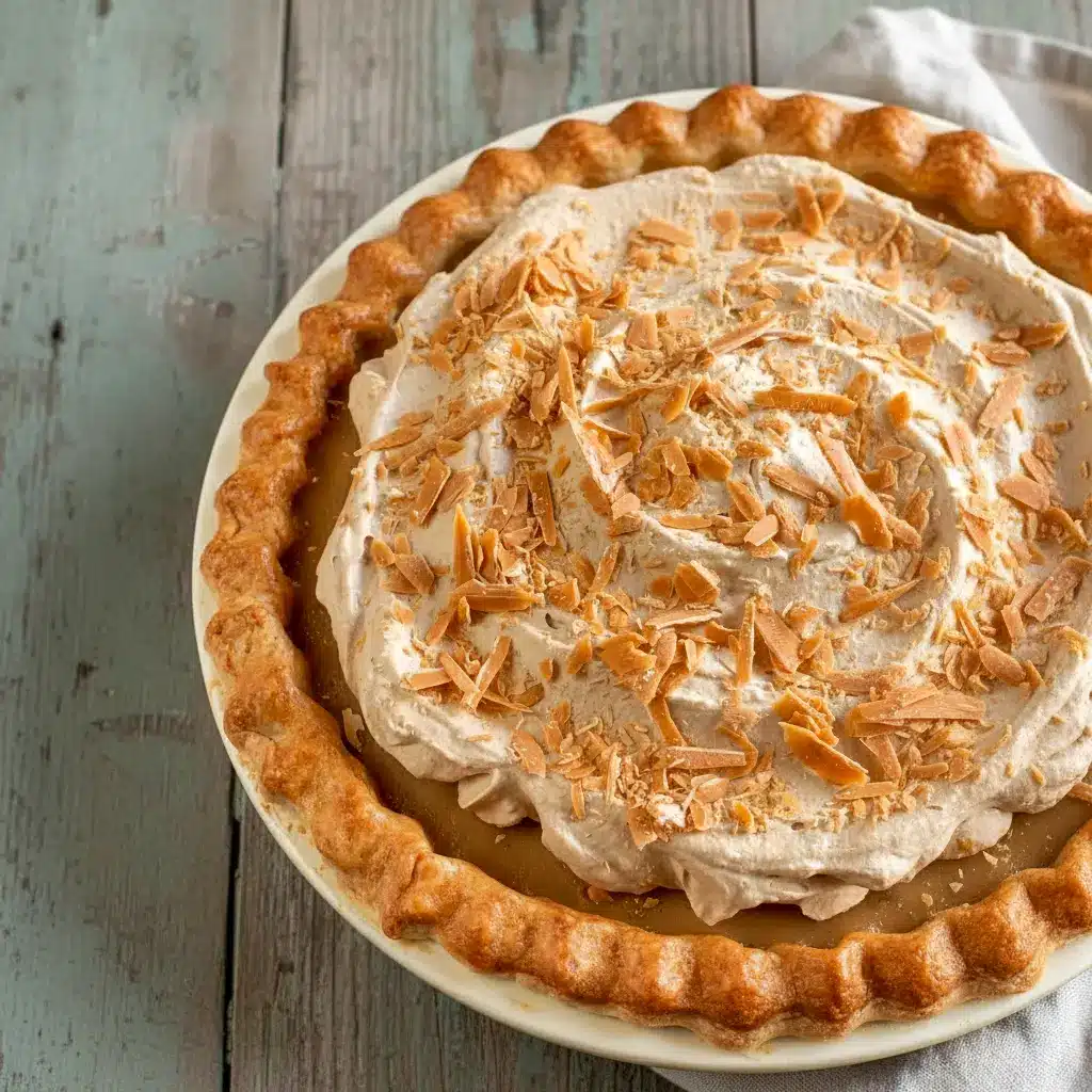 A slice of bourbon butterscotch pie topped with Butterscotch Whipped Cream and fluffy Molasses Whipped Cream, featuring a golden filling in a crisp Bourbon Pie Crust, styled as an elegant holiday dessert.