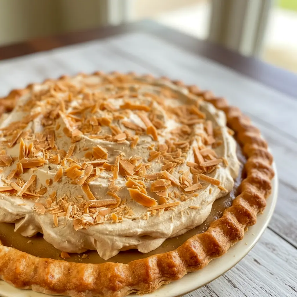 A slice of bourbon butterscotch pie topped with Butterscotch Whipped Cream and fluffy Molasses Whipped Cream, featuring a golden filling in a crisp Bourbon Pie Crust, styled as an elegant holiday dessert.