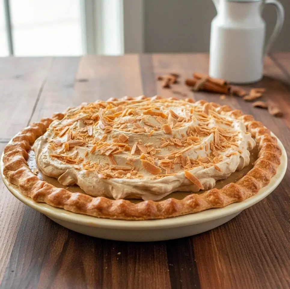 A slice of bourbon butterscotch pie topped with Butterscotch Whipped Cream and fluffy Molasses Whipped Cream, featuring a golden filling in a crisp Bourbon Pie Crust, styled as an elegant holiday dessert.