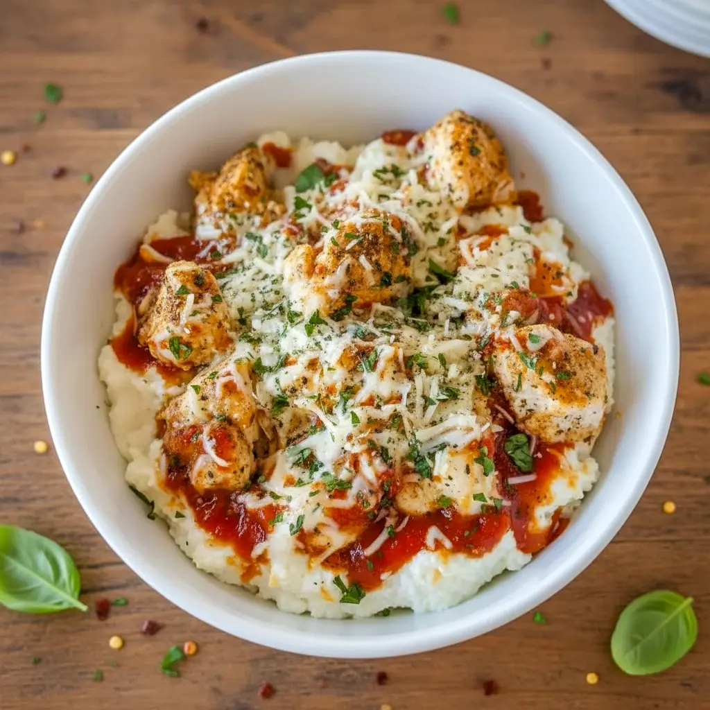 Overhead view of a baked Chicken Parm Cottage Cheese Bowl with melted mozzarella, marinara sauce, and fresh basil, served as a Quick High Protein Dinner made with High Protein With Cottage Cheese and inspired by Chicken And Cottage Cheese Recipes.
