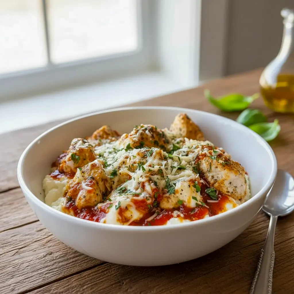 Overhead view of a baked Chicken Parm Cottage Cheese Bowl with melted mozzarella, marinara sauce, and fresh basil, served as a Quick High Protein Dinner made with High Protein With Cottage Cheese and inspired by Chicken And Cottage Cheese Recipes.
