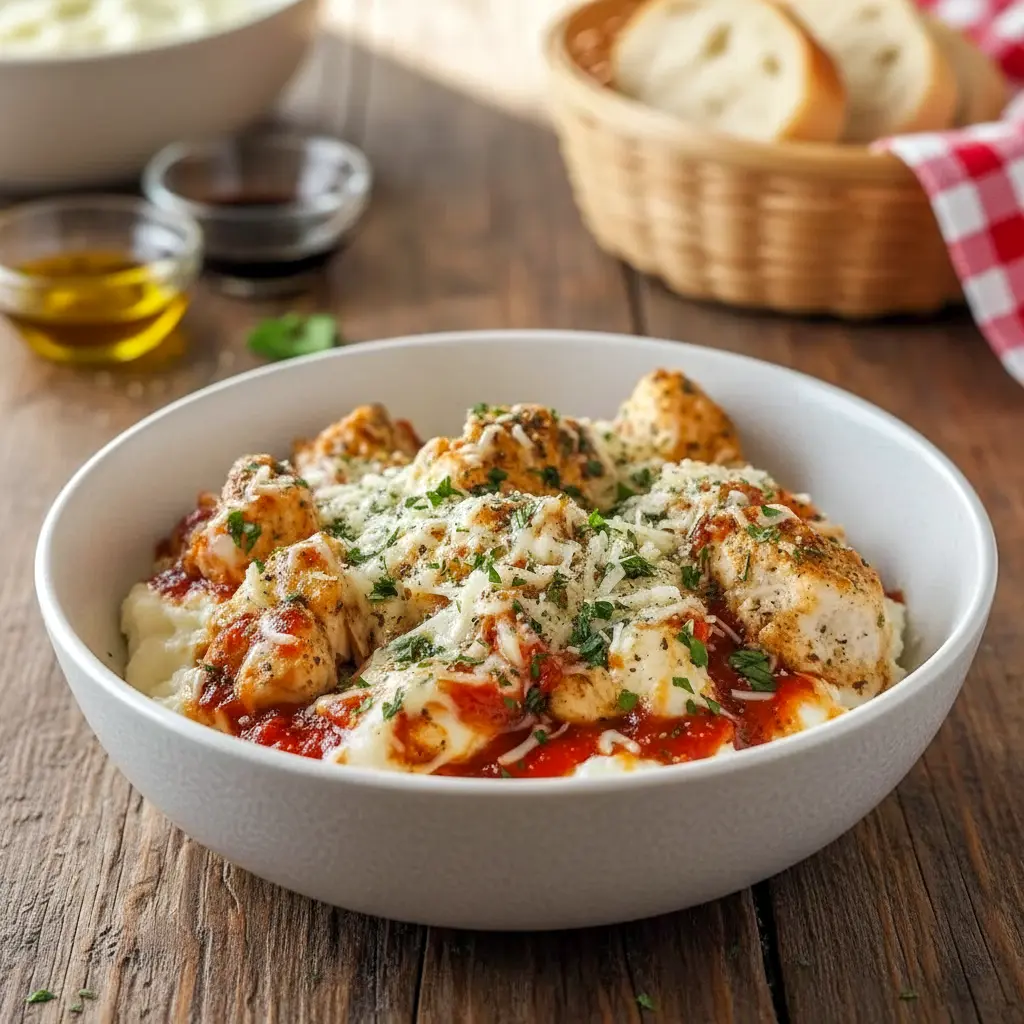 Overhead view of a baked Chicken Parm Cottage Cheese Bowl with melted mozzarella, marinara sauce, and fresh basil, served as a Quick High Protein Dinner made with High Protein With Cottage Cheese and inspired by Chicken And Cottage Cheese Recipes.