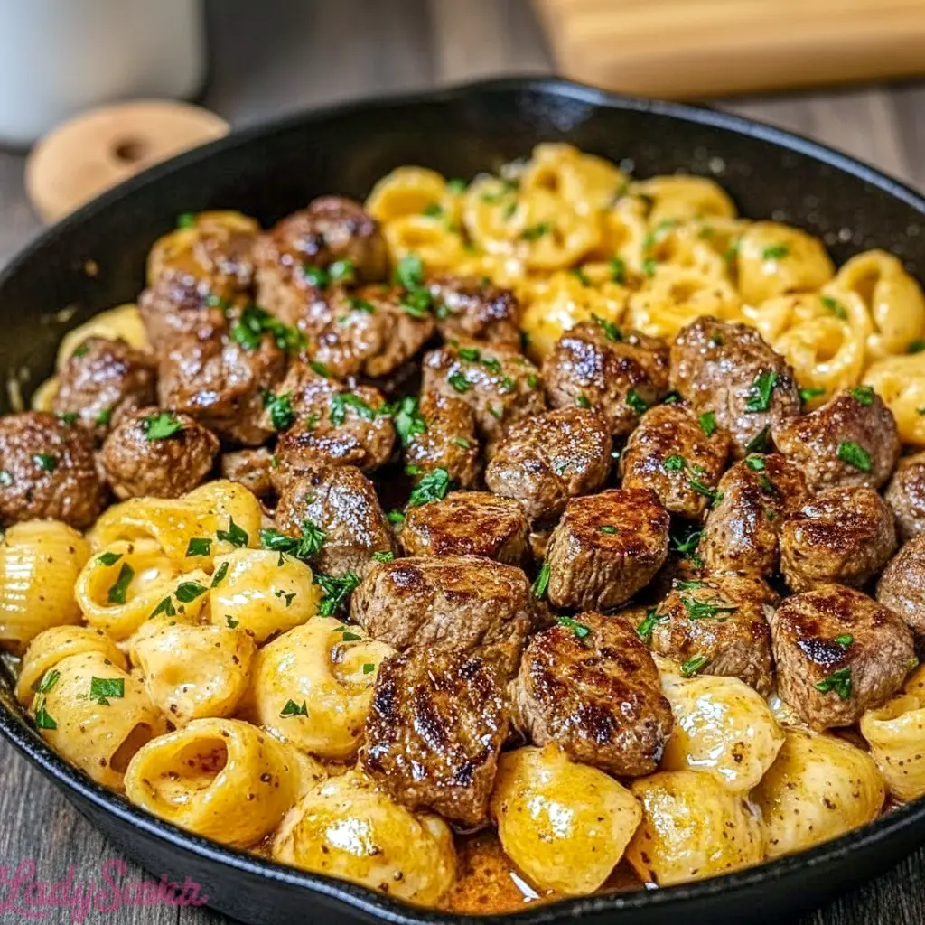 Juicy Cajun steak bites and creamy pasta shells in a skillet, a rich and comforting Date Night Dinner Ideas favorite featuring Cheesy Garlic Steak Bites and an easy one-pan Steak Skillet Recipes meal perfect for a romantic dinner.