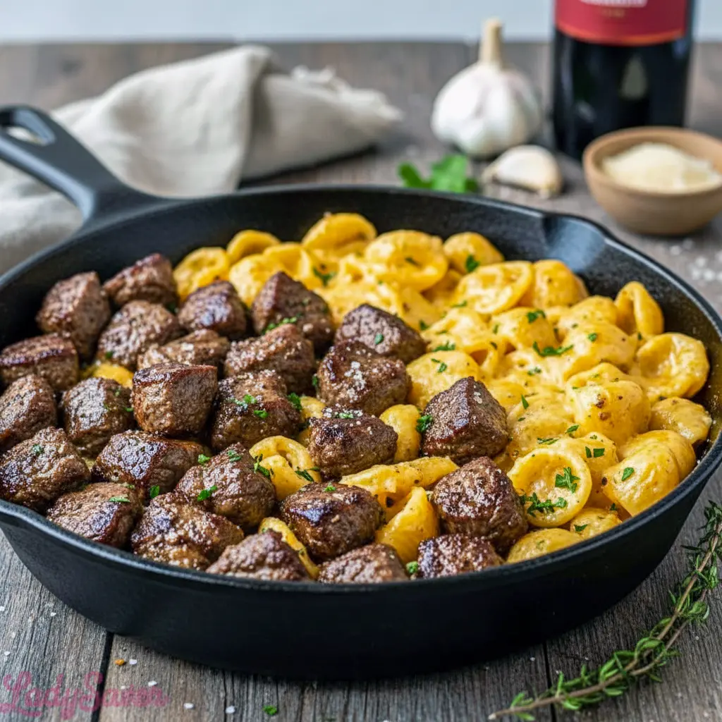 Juicy Cajun steak bites and creamy pasta shells in a skillet, a rich and comforting Date Night Dinner Ideas favorite featuring Cheesy Garlic Steak Bites and an easy one-pan Steak Skillet Recipes meal perfect for a romantic dinner.