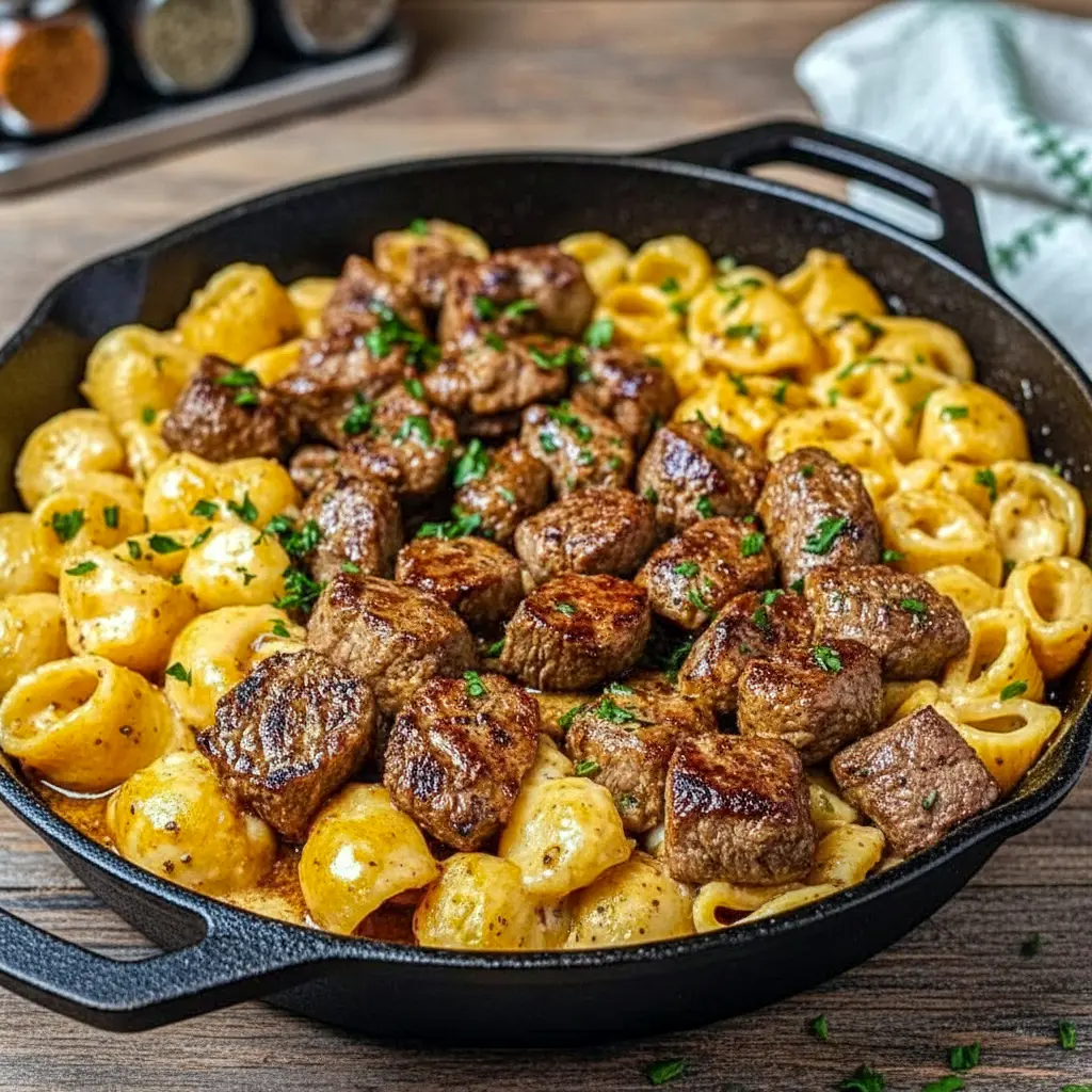 Juicy Cajun steak bites and creamy pasta shells in a skillet, a rich and comforting Date Night Dinner Ideas favorite featuring Cheesy Garlic Steak Bites and an easy one-pan Steak Skillet Recipes meal perfect for a romantic dinner.