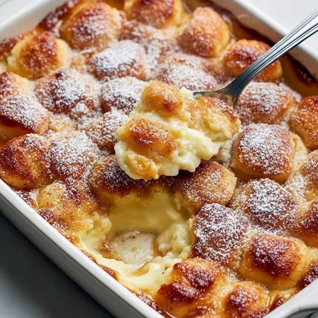 Warm snickerdoodle cobbler baked until golden in a casserole dish, showing a gooey cinnamon-sugar center and crisp edges, served fresh from the oven as a cozy fall dessert perfect for cool nights.