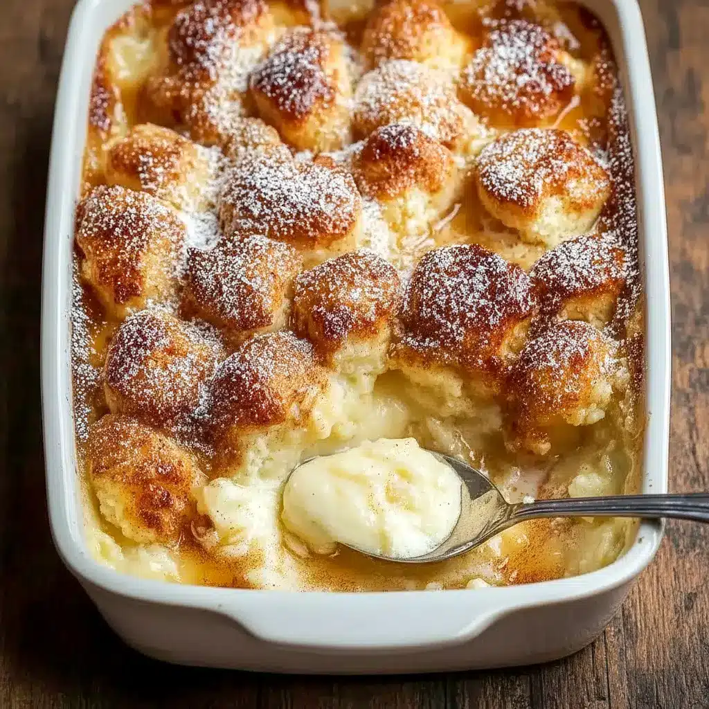 Warm snickerdoodle cobbler baked until golden in a casserole dish, showing a gooey cinnamon-sugar center and crisp edges, served fresh from the oven as a cozy fall dessert perfect for cool nights.