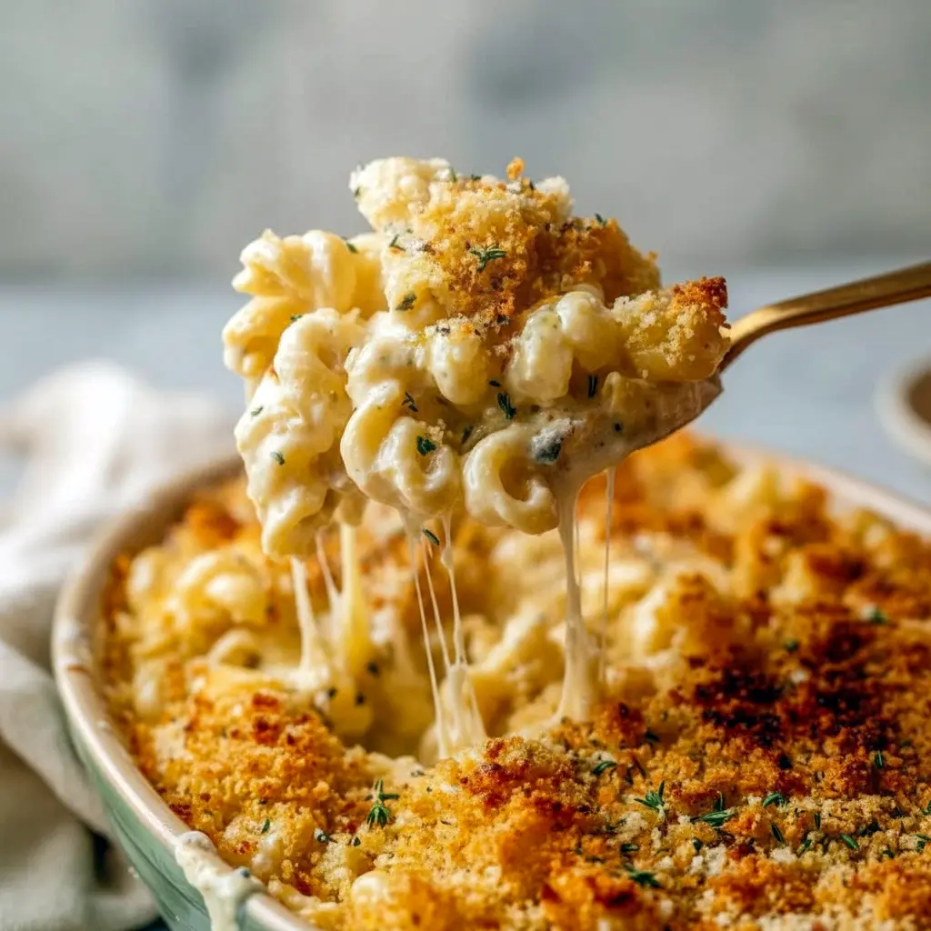 Creamy homemade Boursin mac and cheese served in a bowl with a buttery breadcrumb topping, inspired by Boursin Cheese Recipes, ideal for cozy Pasta Dinner Recipes, a comforting Mac N Cheese Recipe, and versatile enough for casual Side Dish Recipes.