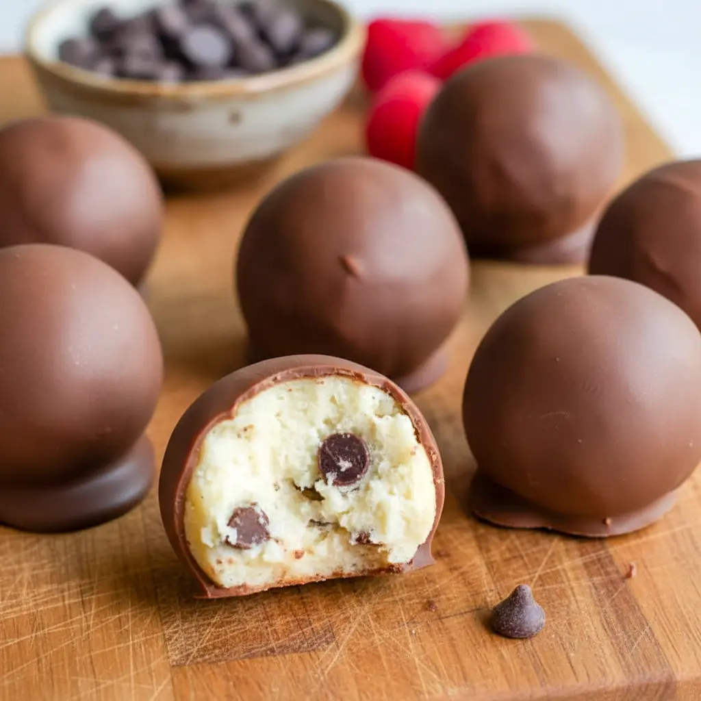 High Protein Snacks Desserts made with cottage cheese protein balls dipped in chocolate, a no-bake option for Protein Packed Desserts and Protein Snacks For Adults looking for a sweet, satisfying bite.