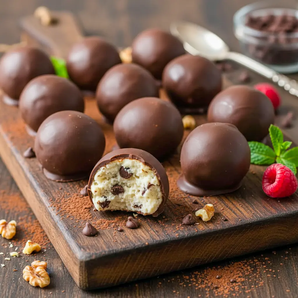 High Protein Snacks Desserts made with cottage cheese protein balls dipped in chocolate, a no-bake option for Protein Packed Desserts and Protein Snacks For Adults looking for a sweet, satisfying bite.