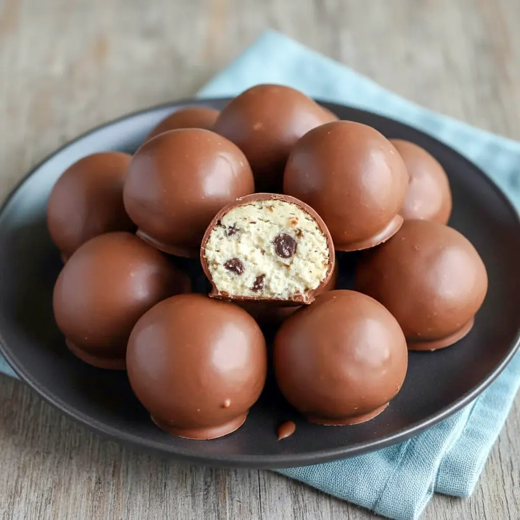 High Protein Snacks Desserts made with cottage cheese protein balls dipped in chocolate, a no-bake option for Protein Packed Desserts and Protein Snacks For Adults looking for a sweet, satisfying bite.