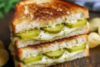Fun Grilling Ideas featuring a golden, crispy dill pickle grilled cheese from Snack Sandwiches, stacked with melty cheese and crunchy pickle chips, served hot as a bold Grilled Cheese Lunch inspired by Cafe Lunch Ideas and classic Recipes That Use Pickles.