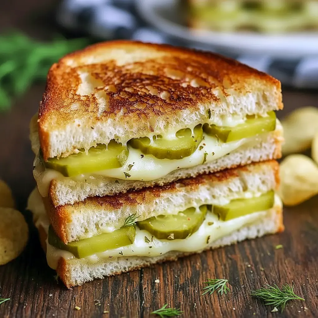 Fun Grilling Ideas featuring a golden, crispy dill pickle grilled cheese from Snack Sandwiches, stacked with melty cheese and crunchy pickle chips, served hot as a bold Grilled Cheese Lunch inspired by Cafe Lunch Ideas and classic Recipes That Use Pickles.