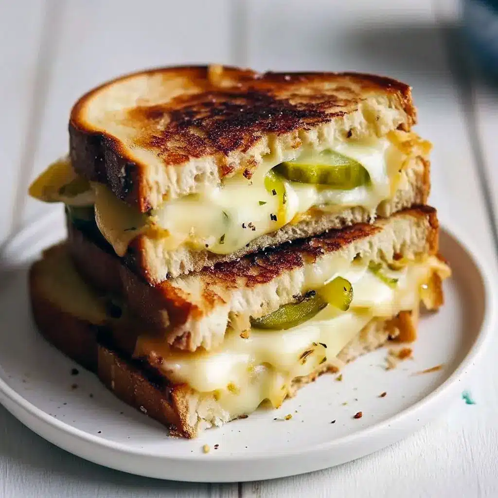 Fun Grilling Ideas featuring a golden, crispy dill pickle grilled cheese from Snack Sandwiches, stacked with melty cheese and crunchy pickle chips, served hot as a bold Grilled Cheese Lunch inspired by Cafe Lunch Ideas and classic Recipes That Use Pickles.