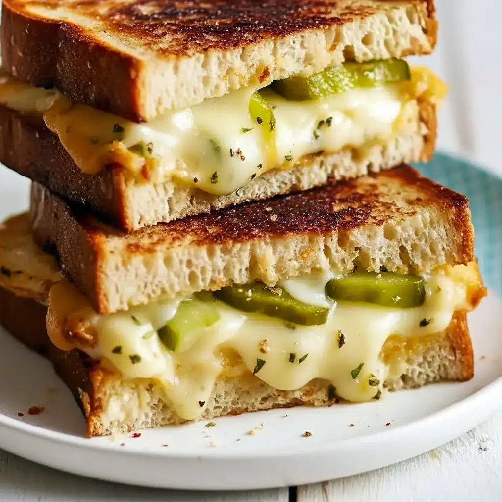 Fun Grilling Ideas featuring a golden, crispy dill pickle grilled cheese from Snack Sandwiches, stacked with melty cheese and crunchy pickle chips, served hot as a bold Grilled Cheese Lunch inspired by Cafe Lunch Ideas and classic Recipes That Use Pickles.