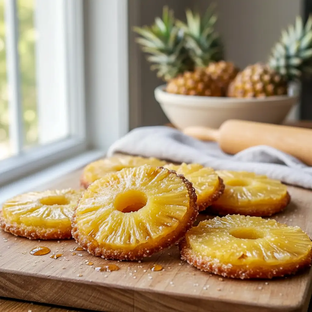 Pineapple Upside Down Sugar Cookies topped with golden pineapple rings, baked into Soft Sugar Cookies for a sweet tropical twist on classic Pineapple Upside Down Cookies and other Yummy Sweets.